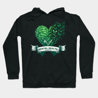 Mental Health Awareness Green Nature Heart Butterflies Ribbon Hoodie